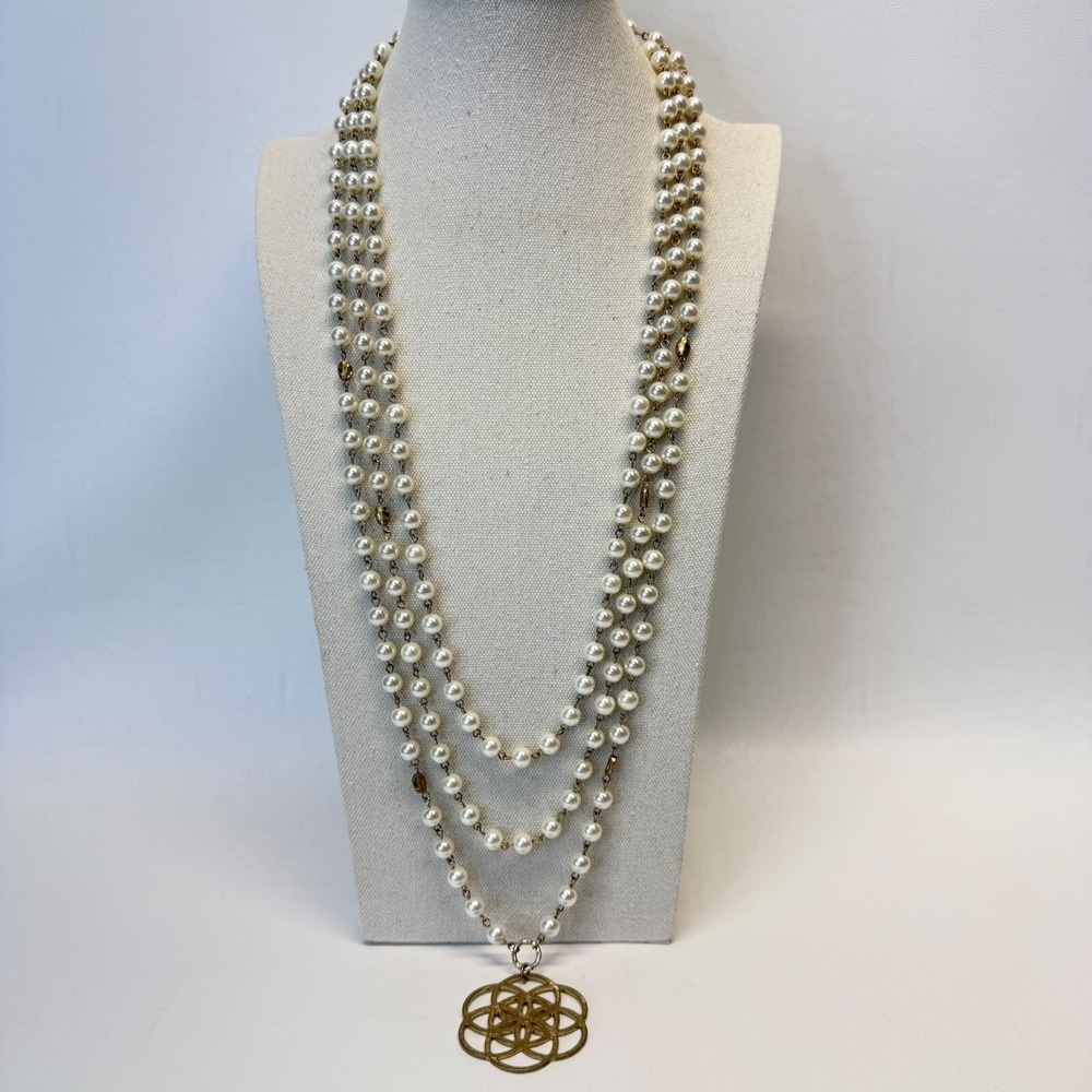 Gold Tone Multi Strand Faux Pearl Necklace Flower of Life Pendant Boho Layered